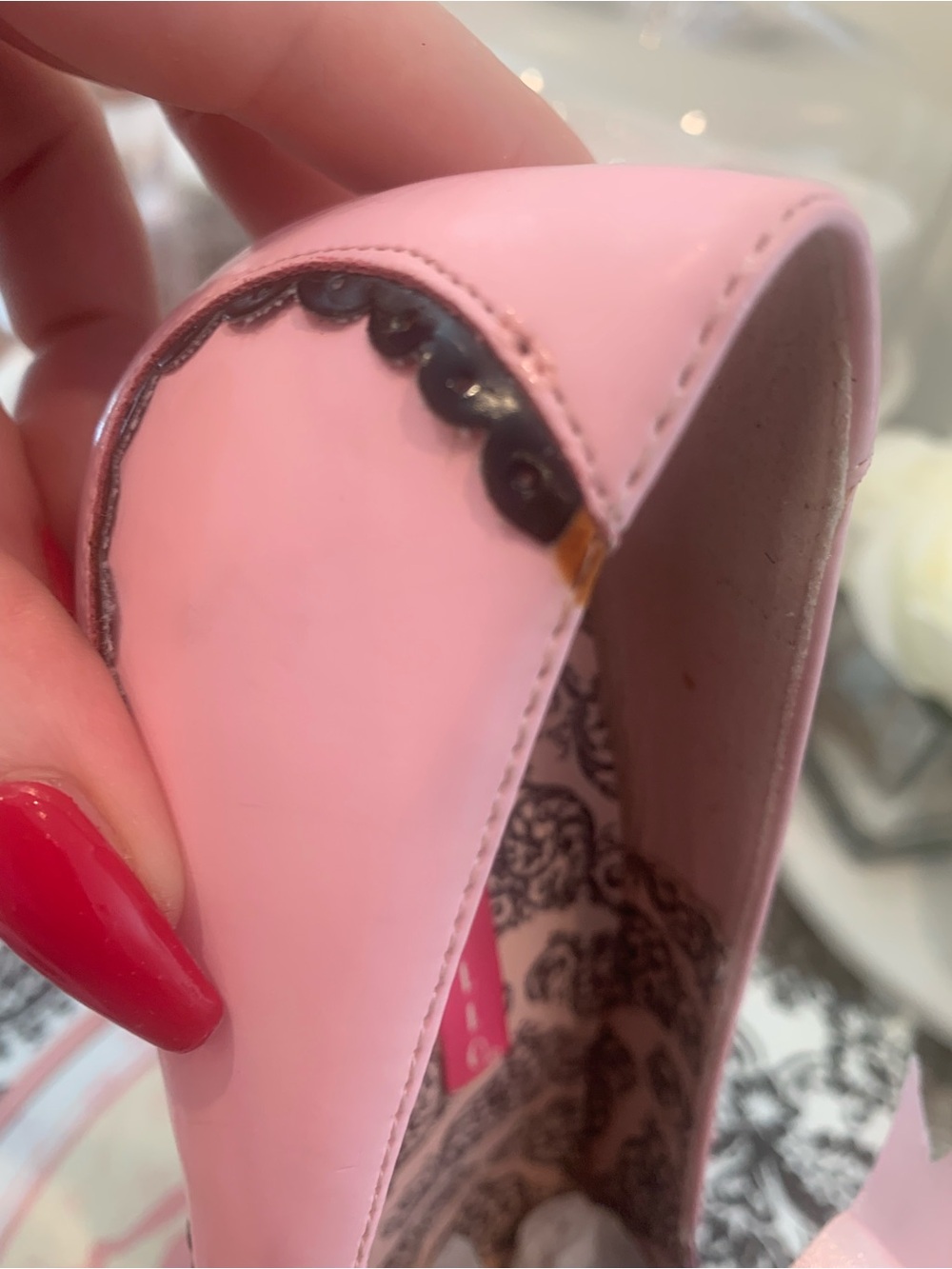 Bordello Pink Patent Platform Pumps with Black Trim and Ribbon - Picture 9 of 10